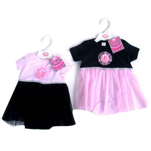 Soft Touch 2 Assorted  Dress With Satin Rose  Matching Organza Lace & Silver Trim In Sizes 3 To 9 Month