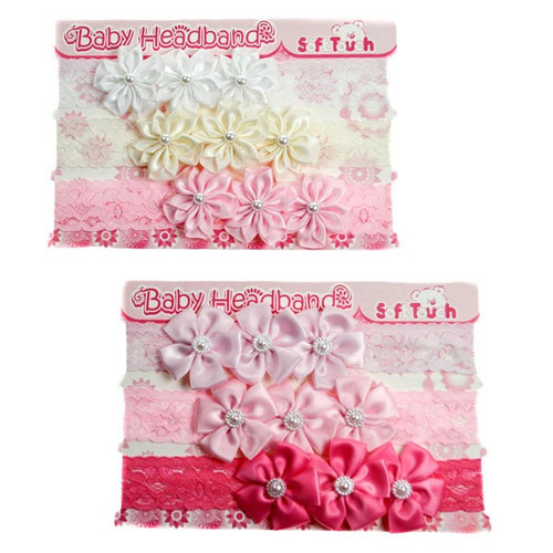 3 Pack Girls Lace Headbands W/3 Flowers & Pearl  by Soft Touch (Assorted Designs)