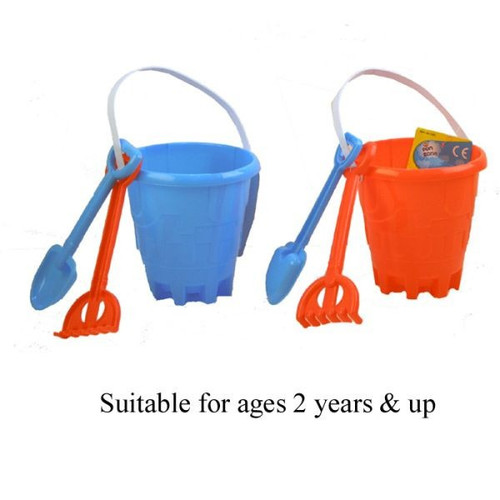 15cm Castle Bucket With Rake & Spade By A To Z Toys (Assorted Designs)