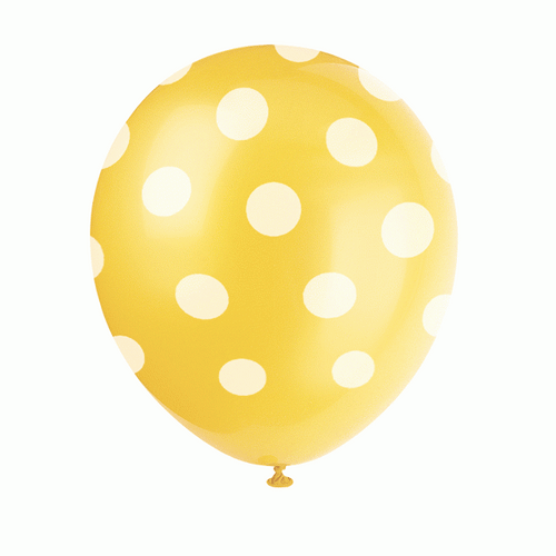 Yellow 12'' all over polka dot printed balloons pk 6