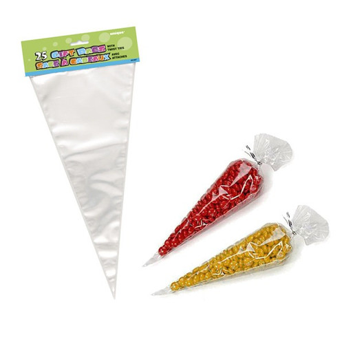 Large Clear Cone Cello Bags with twist ties - pk25