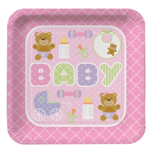 Teddy Baby Pink square 9'' dinner plates - pk8 Teddy Baby Pink square 9'' dinner plates - pk8
