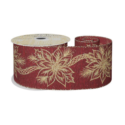 Red with Gold Poinsettia Ribbon (63mm x 10yds)