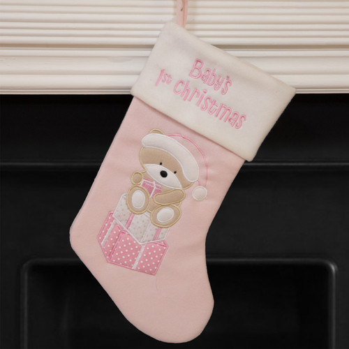 Pink Stocking with White Fur Trim & Teddy Motif