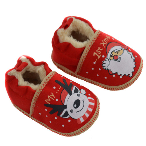 Reindeer & Santa Shoes with My 1st Christmas Print & Fur Lining