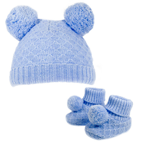 Blue Pom Pom Hat & Bootee Set (NB-12 Months)