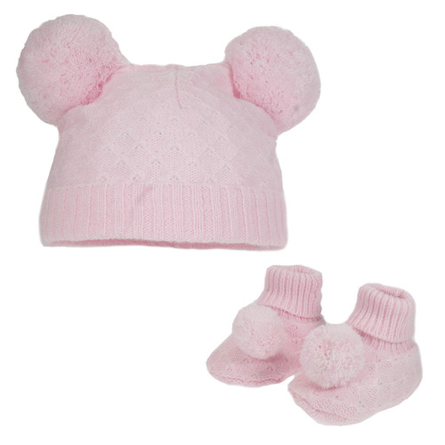 Pink Pom Pom Hat & Bootee Set (NB-12 Months)