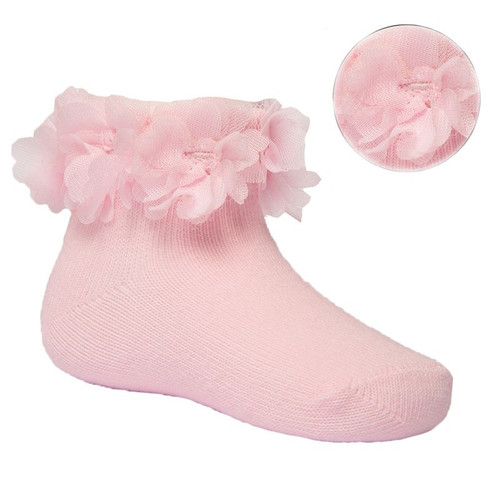 Pink Ankle Socks with Flower Lace (0-24 Months)