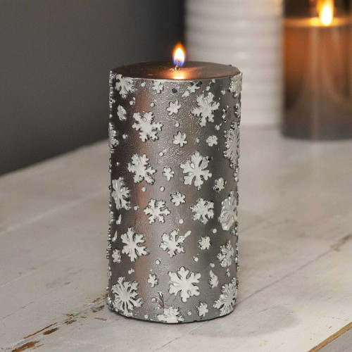 Silver Snowflake Pillar Candle 14.5cm