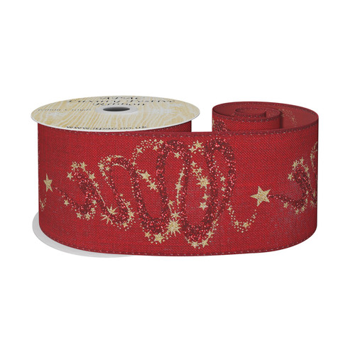 Burgundy Ribbon with Christmas Star and swirl Design (63mm x 10yd)