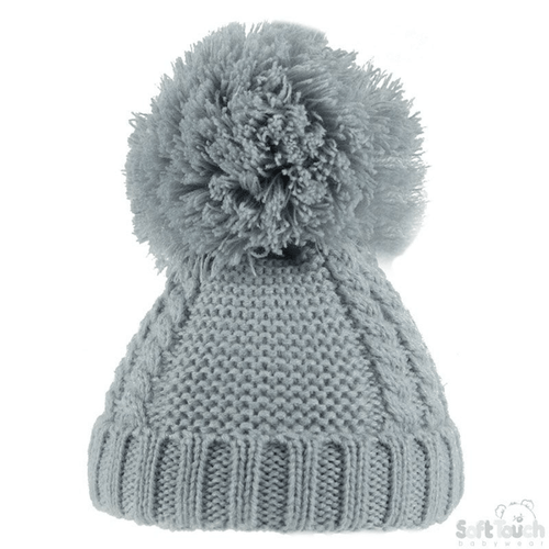 Grey Pearl & Cable Knit Pom-Pom Hat