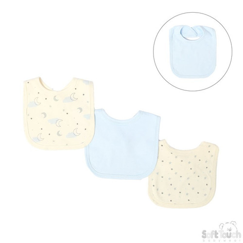 3 Pack Velcro Bibs - (Clouds & Stars, Blue, spotty)