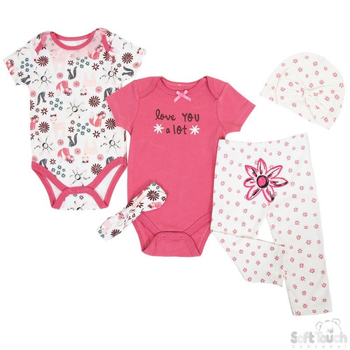 Girls 5 Piece Garment Set, Floral, Deer (NB-9 Months)