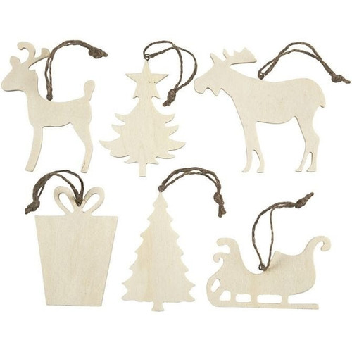 Wooden Christmas Ornaments (Pack of 6) (Assorted Designs)