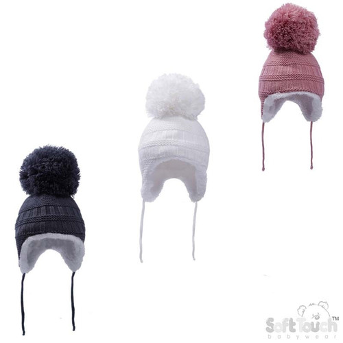 White, Steel Blue, Dusty Pink Knitted Hat with Pom Pom, String & Sherpa (Assorted Designs)