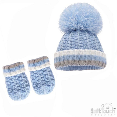 Blue Ribbed Hat & Mitten Set