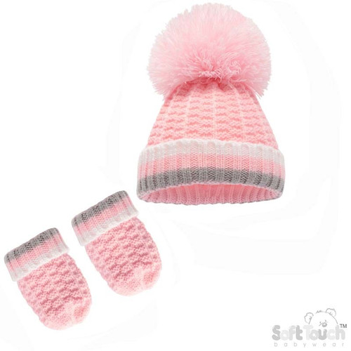 Pink Ribbed Hat & Mitten Set