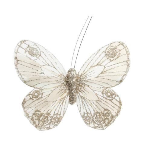 12cm Cream Gold Feather & Glitter Butterfly  (Pack of 12)