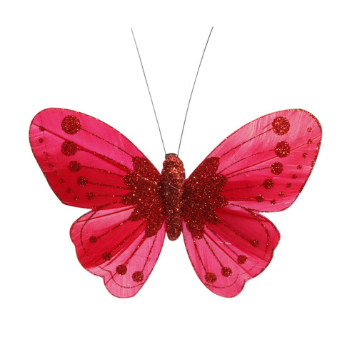 11.5cm Red Feather & Glitter Butterfly (Pack of 12)