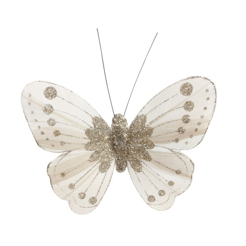 11.5cm Ivory/Gold Feather & Glitter Butterfly (Pack of 12)