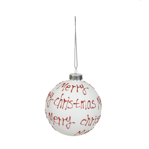 Bauble Red Merry Christmas White Glass (Dia8cm) Bauble Red Merry Christmas White Glass (Dia8cm)