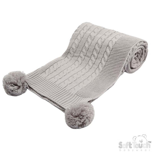 Grey Elegance Cable Knit Wrap with Pom Pom (70 x 100cm)