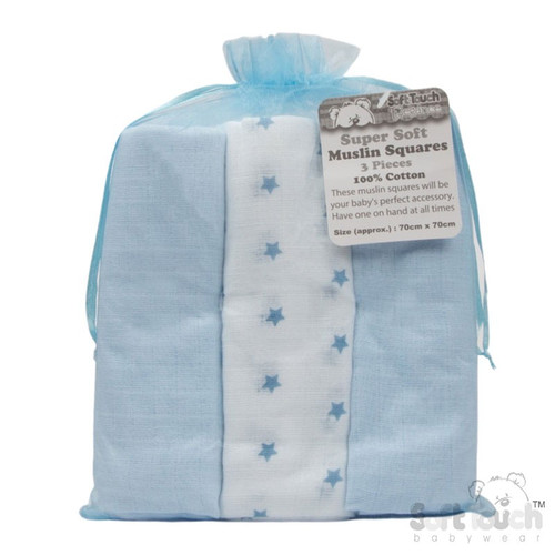 3 Pack Blue Deluxe Super Soft Muslin Squares (Assorted Designs) 3 Pack Blue Deluxe Super Soft Muslin Squares (Assorted Designs)