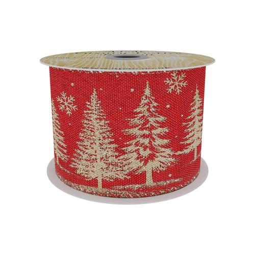 Red Mesh Ribbon with Gold Xmas Tree Print (63mm x 10yd) Red Mesh Ribbon with Gold Xmas Tree Print (63mm x 10yd)
