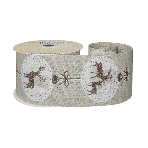 Natural Ribbon with Reindeer Bauble Print -Brown/ White  (63mm x 10yd)
