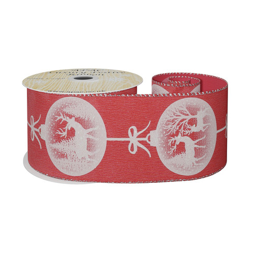 Red Satin Ribbon with Reindeer Bauble Print- White  (63mm x 10yd)