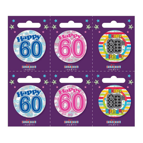 Age 60 Small Badges (6 Assorted Per Perforated Card) (5.5cm) 