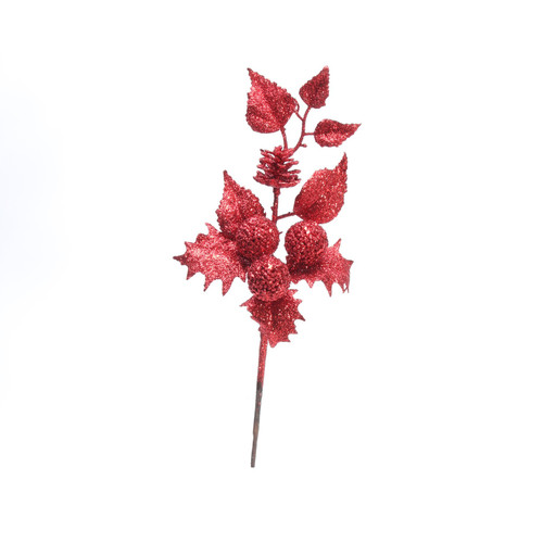 Red Glittered Holly Spray (38cm)