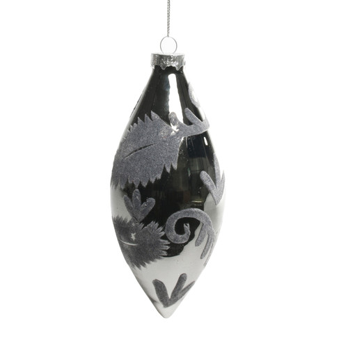 Glass Grey Teardrop Bauble with Velvet Pattern (16cm)