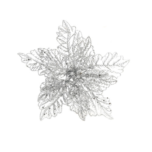 Silver Glitter Poinsettia with Clip (23cm) Silver Glitter Poinsettia with Clip (23cm)