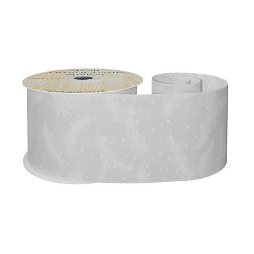 White Wired Organza Ribbon with Spruce Leaves (63mm x 10 yards) White Wired Organza Ribbon with Spruce Leaves (63mm x 10 yards)