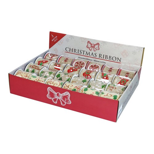 Box of 24 Assorted Hessian Christmas Ribbons