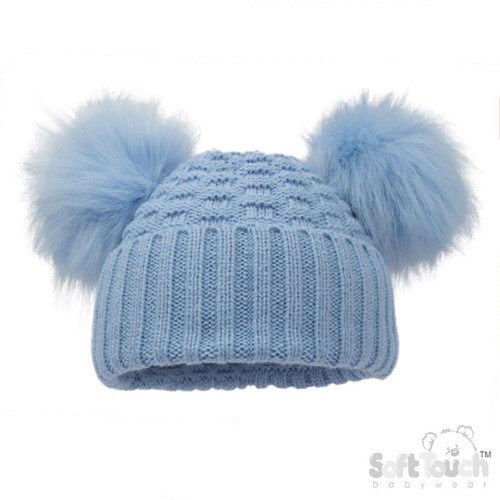 Deluxe Baby Blue Checked/Striped Hat with Pom Poms (NB- 12 Months)