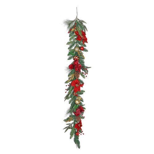 Red Poinsettia Garland with Baubles (180cm) Red Poinsettia Garland with Baubles (180cm)