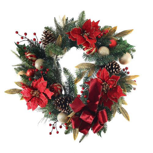 Poinsettia Wreath with Baubles - Red/Gold (60cm) Poinsettia Wreath with Baubles - Red/Gold (60cm)