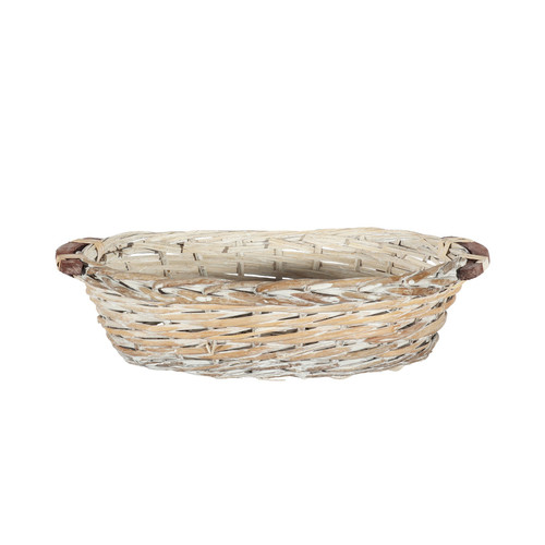 White Wash Oval Woven Tray Basket with Handles (Medium) White Wash Oval Woven Tray Basket with Handles (Medium)