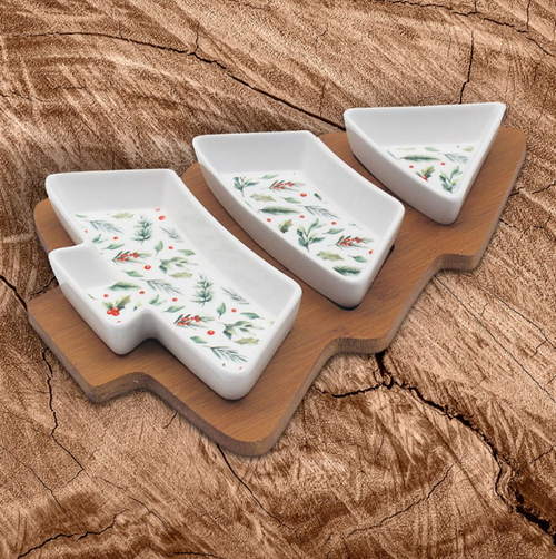 Tree Bamboo Tray with Set of 3 Ceramic Dishes Tree Bamboo Tray with Set of 3 Ceramic Dishes