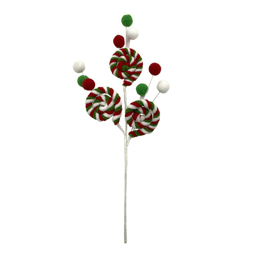 Red, White & Green Candy Swirl & Pom Pom Spray Pick (40cm)