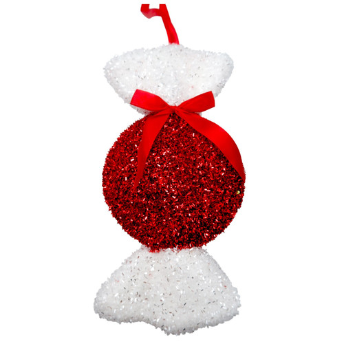 Red & White Tinsel Glitter Round Candy Sweet with Bow Hanging Decoration (15cm) Red & White Tinsel Glitter Round Candy Sweet with Bow Hanging Decoration (15cm)