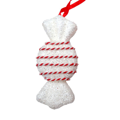White Tinsel Glitter Round Candy Sweet with Stripey String Hanging Decoration (14cm) White Tinsel Glitter Round Candy Sweet with Stripey String Hanging Decoration (14cm)