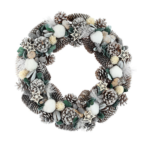 Frosted Wreath White Pom Poms and Stars (45cm) Frosted Wreath White Pom Poms and Stars (45cm)