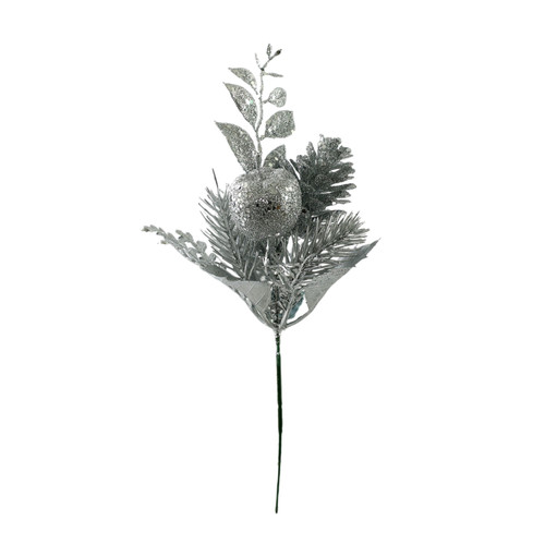 Silver Glitter Apple & Foliage Pick (24cm) Silver Glitter Apple & Foliage Pick (24cm)