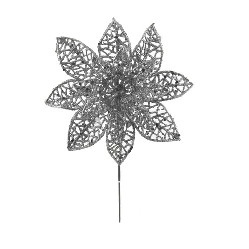 Silver Glitter Lacy Poinsettia Pick (18cm) Silver Glitter Lacy Poinsettia Pick (18cm)