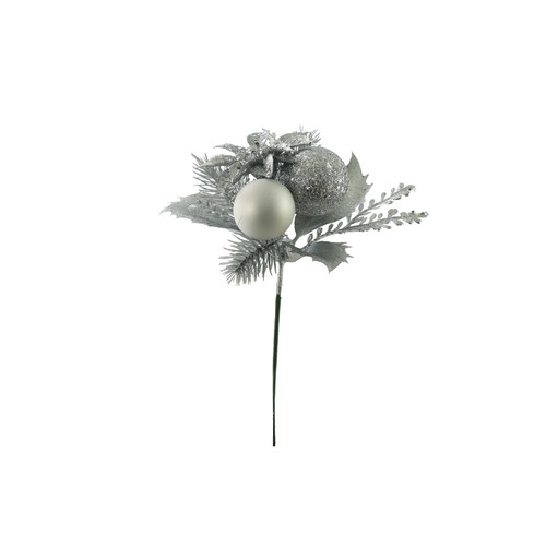 Silver Baubles & Foliage Pick (16cm)
