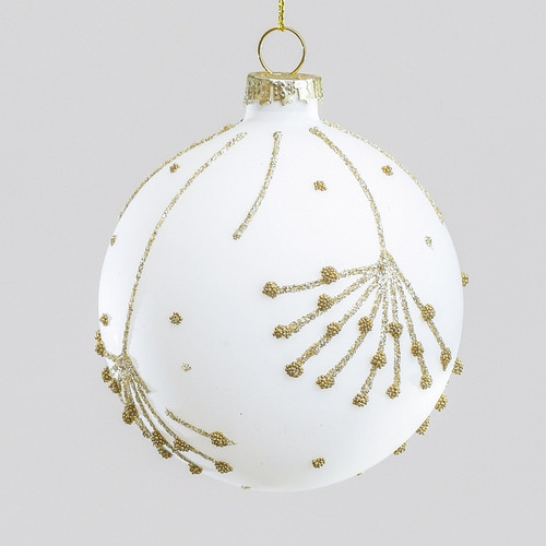 Gold Bead Decoration on White Glass Bauble (8cm)