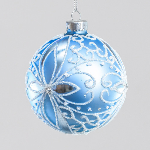 Flower Patterned Ice Blue Glass Bauble (8cm) Flower Patterned Ice Blue Glass Bauble (8cm)